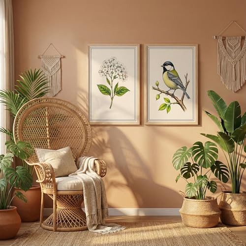 Image of NoWorries Botanical & Bird Wall Art Set of 2 Framed Wall Decor for Living Room Bedroom Office | Vintage Floral Bird Painting Wooden Frame Modern Home Decoration (Art-3, 13x19inch)