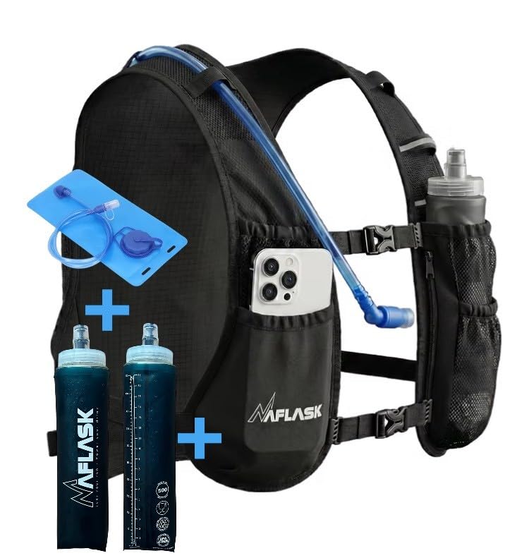 MAFLASK® Gilet d'Hydratation Premium – Ultraléger & Anti-Ballottement – L'Essentiel pour Le Trail, Le Running et la Randonnée (Noir avec 2 flasques 500ML + vessie...