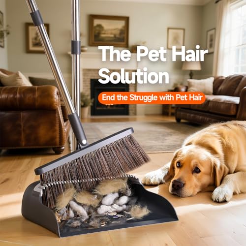Image of Broom and Dustpan Set for Home, Extra Brush Head & 51.6 inch Adjustable Long Handle, with Comb Teeth for Pet Hair, Lightweight Indoor Sweeping Kit for Hardwood Floor
