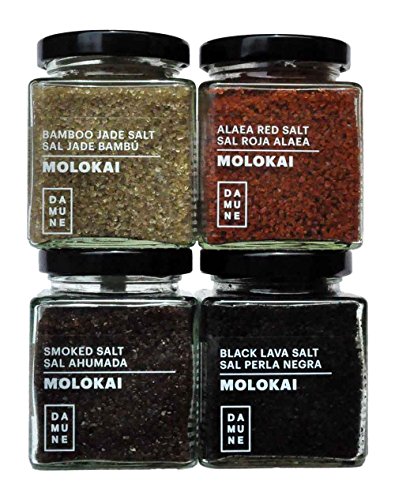 Sales Gourmet Molokai-Hawai: Sal Perla Negra Molokai (200g), Sal Roja-Alaea Molokai (200g), Sal Jade Bambú Hawai / Molokai – 200g, Sal Ahumada Molokai (200g)