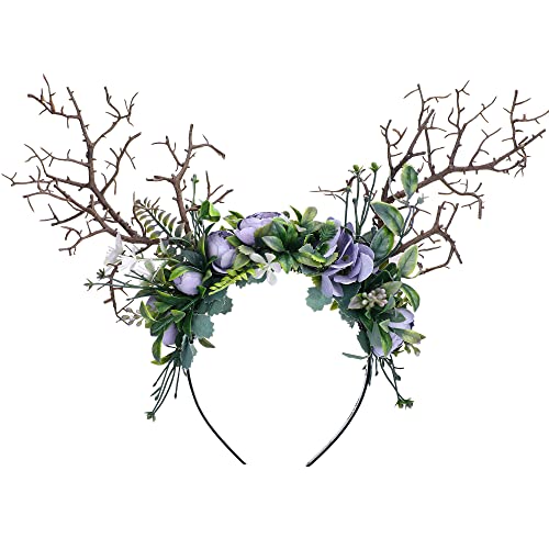 MOSTORY Corona de bosque hecha a mano con corona de árbol y rama de árbol, diadema de rosas moradas, guirnalda de pelo de hadas del bosque para mujeres y niñas, carnaval, Mardi Gras, feria