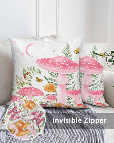 Outdoor Waterproof Throw Pillows Pink Mushroom Fern Flying Butterfly Patio Pillows Pack of 2,Decorative Pillow Covers with Insert,Pillow Cushion Case for Garden Couch Sofa Farm Plant Stars Moon