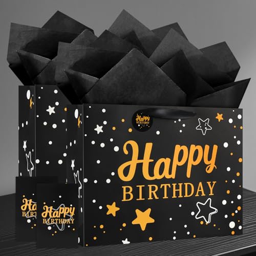 Image of JMANNI Large Happy Birthday Gift Bag with Tissue Papers and Greeting Card,Portable Paper Gift Bags with Handles,Present Bags for Women Men Birthday Party Supplies 13 inch x10.2 inchx4.7 inch(Black Starry Sky)