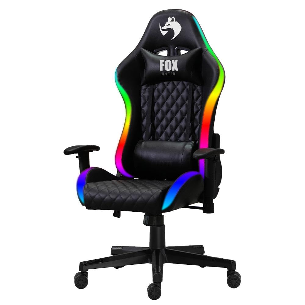 Cadeira Gamer Fox Racer até 130kgs com RGB e Iluminação LED com almofadas Reclinável Preta