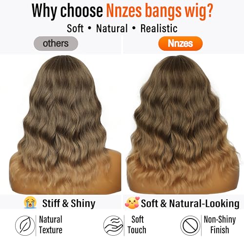 Image of Nnzes Short Wavy Bob Wig with Bangs for Women Shoulder Length Curly Soft Light Brown Blonde Ombre Synthetic Heat-Resistant Fiber Hair for Daily & Party Use