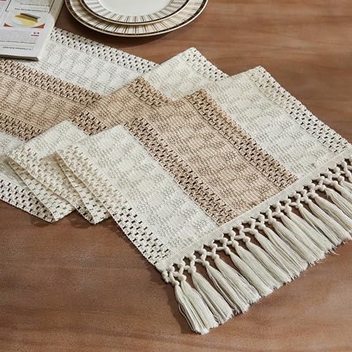 Image of ZeeMart Macrame Style Bicolor Stitching Table Runner, 14 x 60 Inch Taupe /Ivory, Boho Beige Table Runners 60 Inches Long, Farmhouse Woven Home Decor