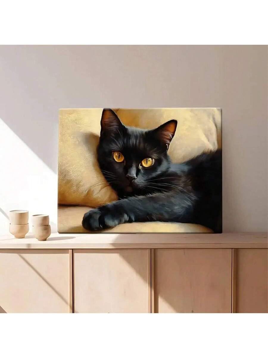 lianyibo 1 pezzo Quadro su tela con gatto nero dagli occhi sdraiati sul divano che ti guardano - Poster, stampe, decorazione per ufficio e soggiorno (40x60 cm/cornice interna)