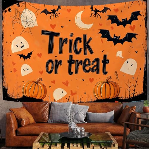 Süßes Oder Saures Gekritzel Wandteppich Halloween Poster Fotohintergr& Wandteppiche Wandbehang - Große Größe Wohnzimmer Schlafzimmer Dekoratives Hängendes Wandtuch, Orange, 100X75Cm