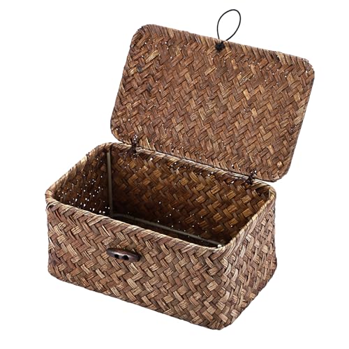 Hipiwe Handwoven Wicker Basket with Lid Desk Organizer for Remote Control Key Glass Coffee Color Seagrass Box for Decoration 7.0L x 4.3W x 3.3H