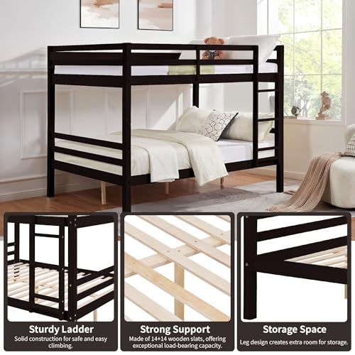 Image of Full Over Full Bunk Bed with Ladder, Solid Wood Bunk Bed with High Guardrail and Ladder for Kids, Teens, Dorm Rooms, and Guest Rooms, No Box Spring Needed, Espresso