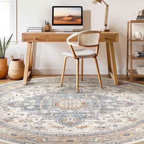 Round Rug Living Room Rugs: 10Ft Washable Boho Neutral Large Circle Soft Indoor Distressed Stain Resistant Floor Farmhouse Carpet for Bedroom Nursery Kids Playroom Office Dining Room Dorm- Beige Blue