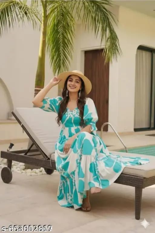 Image of Women Floral Printed Tiered Maxi Dress with Puff Sleeves, Empire Waist, Tie-Up Detail, Flared Long Dress for Casual Wear, Summer Outings, Vacation & Resort Wear - Causal Gown for Women