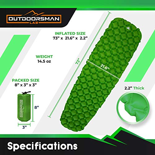 Outdoorsman Lab - Backpacking Sleeping Pad - Ultralight Inflatable Sleeping Mat, Ultimate for Camping, Hiking - Airpad, Inflating Bag, Carry Bag, Repair Kit - Compact & Lightweight Air Mattress