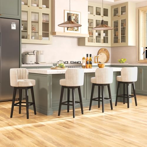 Image of COCO DESIGN Swivel Bar Stools Set of 4, 24 inch Counter Height Mid Century Modern Barstools with Back, Velvet Upholstered Seat and Solid Wood Legs, for Bar Kitchen Island, Cream Beige