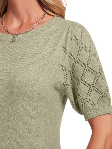 Image of Green Short Sleeve Sweaters for Women Puff Sleeve Sweater Tops Dressy Casual for Spring Summer M