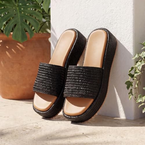 Image of Monrovia Platform Sandals Women Raffia Espadrille Slides, Woven Straw Flatform Beach Sandals Women, Slip On Summer Vacation Shoes, Comfortable Casual Daily Wear
