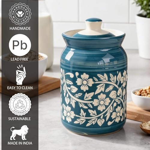 Image of Sky Blue Floral Ceramic Handglazed Pickle Jars Set of 1-1000 ML Each | 1 kg Achaar Martban Barni Jar with Lid | Ceramic Storage Jar Container Pickle, Chatney