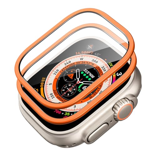 ESR Armorite Protector Pantalla para Apple Watch Ultra 2/1 (2024/2023/2022, 49mm), Cristal Templado, Marco de Aluminio, Cobertura Total, Resistente Arañazos, Mantente Original, Naranja, 2 Pack
