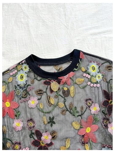 GORGLITTER Women's Floral Sheer Mesh Tees Crop Top See Through Short Sleeve Crew Neck Embroidered T Shirts3