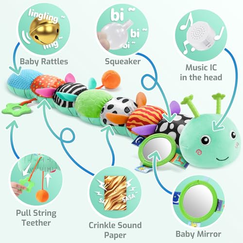 Image of Sumobaby Baby Toys 0-6 6-12 Months, Music Caterpillar Plush Toy with Baby Mirror, Pull String&Crinkle Rattle,Infant Teething Toys,Tummy Time for 0-3-6-12 Month Boys Girls Newborn Gifts (Blue-Leaf)