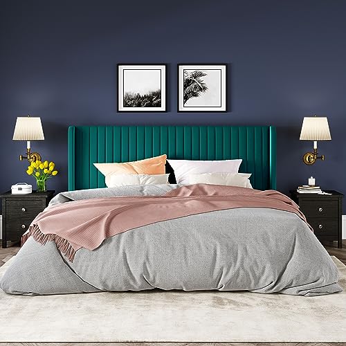 Allewie King Size Bed Frame/Velvet Upholstered Platform Bed/Vertical Channel Tufted Wingback Headboard/Strong Wooden Slats/No Box Spring Needed/Easy Assembly/Teal