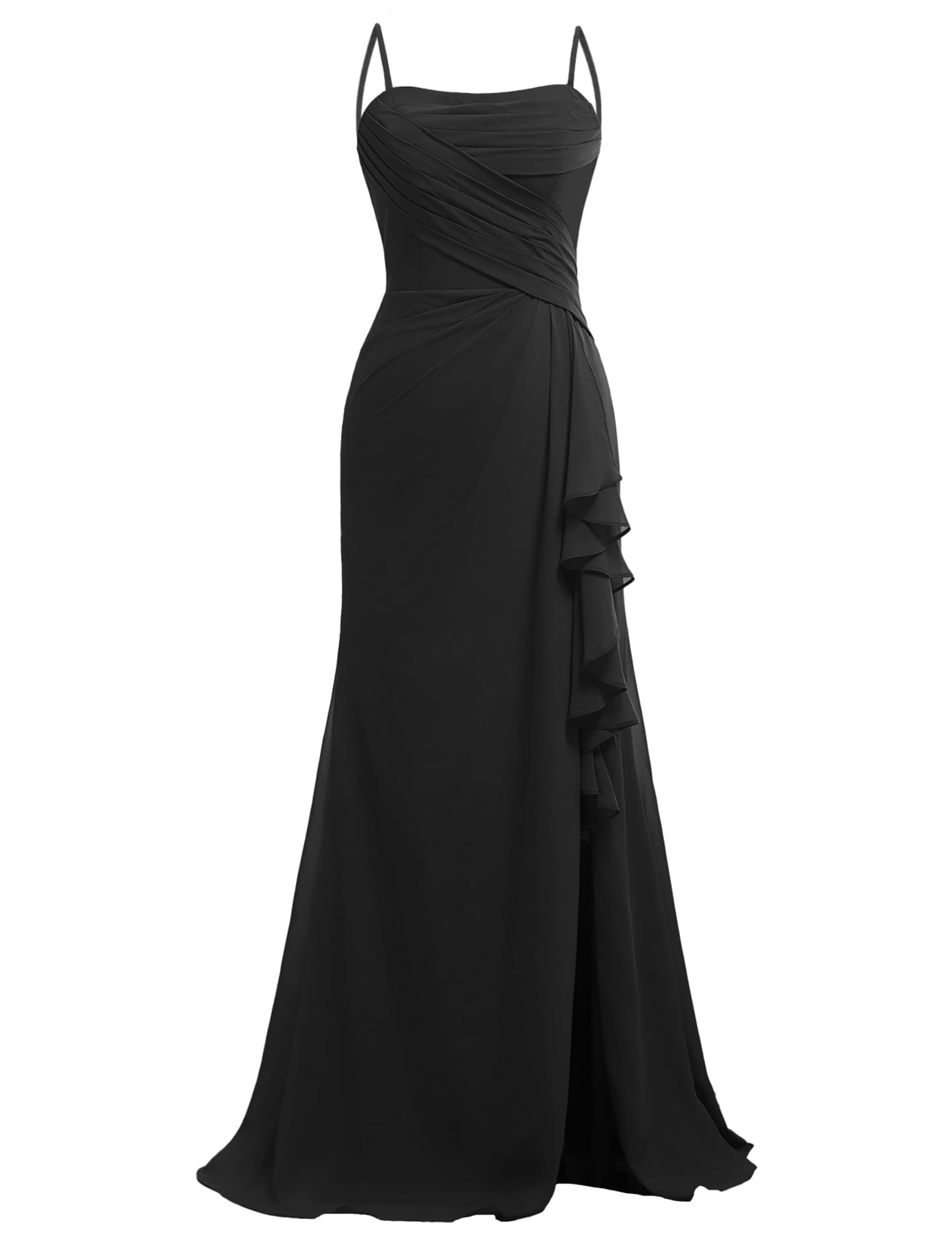 Hppee Women's Black Chiffon Bridesmaid Dresses Ruffles Mermaid Formal Dress With Slit Prom Gown Uk18