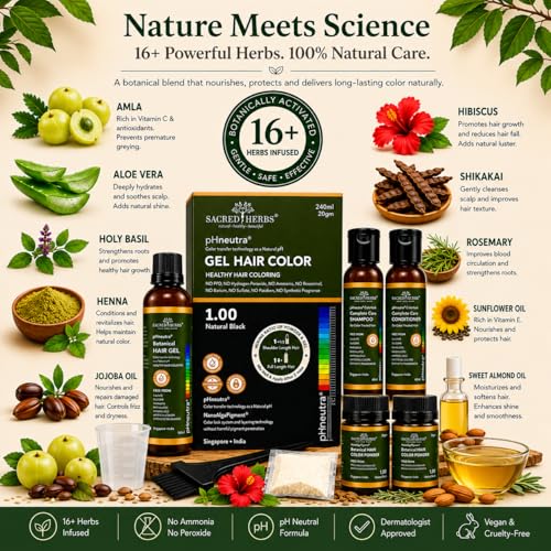 Image of SACRED HERBS Natural Gel Hair Color, Premium Pack | India's 1st pH Neutral Formula | Ammonia, PPD & Paraben Free | 20+ Herbal Actives, 100% Grey Coverage | Conditioning & Damage Free, For Women ( Natural Black 1.00 ) 240ml + 20gm