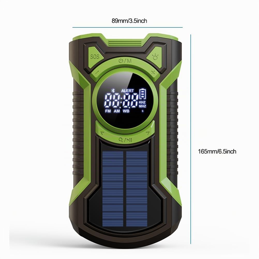 Radio de Emergencia Manivela, Radio Solar Multi-Poder a Prueba de Agua con Manivela y Cargador de Teléfono 5000mAh, BT, Linterna LED y Alarma SOS para Emergencias