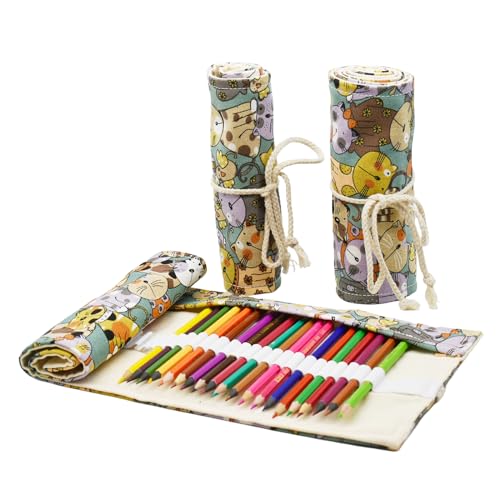 Maydahui 24/48/72 compartimentos para lápis de cor para lápis de lona, porta-rolos, bolsa organizadora para amantes de arte, desenho de artistas (gato, 48 compartimentos)