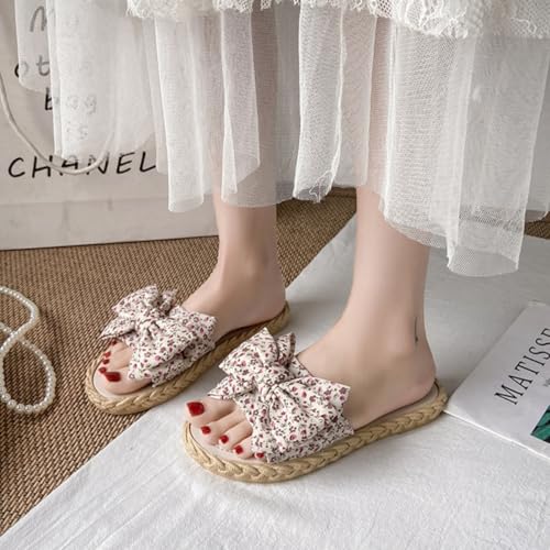 Women's Open Toe Slide Slippers with Cute Bow, Slip-on House Shoes, Summer Linen Slippers with Rubber Sole2
