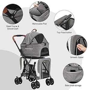   kinbor-Double-Pet-Stroller-for-2-Dogs-Cats-Portable-4-Wheels-Dog-Strollers-with-2-Detachable-Carrier-Cages-and-Cushions-for-Small-Dogs-3-in-1-Cat-Seat-Folding-Travel-Carrier-Grey