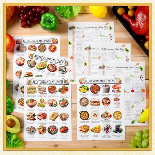 Image of Sinload 12 Pcs Mediterranean Diet Food List Poster Diet Meal Plan Grocery Shopping List Health Food Guide for Kitchen Wall Decor