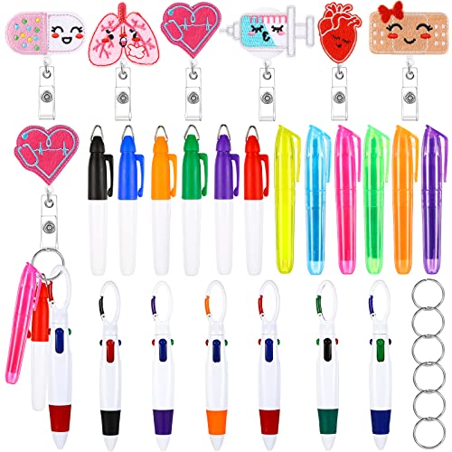 24 Pcs Nurse Pen Set Nurse Pen Pack with 6 Permanent Marker Pen 6 Retractable Ball Pen 6 Tip Highlighter 6 Nursing Retractable Badge Reel Holder Felt Badge Clip ID Name Reel for Nurses Student Gifts