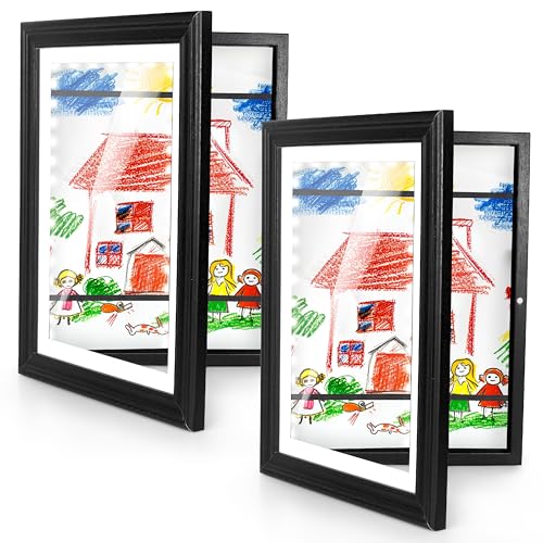 KOTNYX 2 Pack LED Light Kids Artwork Frame - Front Opening Kids Art Display Picture Frame Holds 100 Pictures MDF & Shatter-Resistant Glass Standing Frame/Wall Hanging 13.3x10 Mat 11.6x8.3 (black)