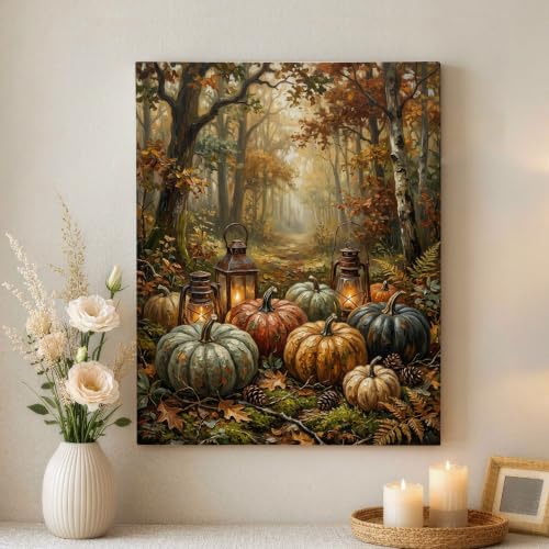Lienzo decorativo de calabazas y farol rústico realista para pintura de pared