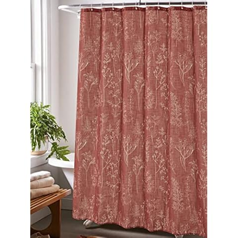 Estmy Boho Farmhouse Botanical Flax Linen Shower Curtain for Bathroom in Rusty Red, Cute Spring Floral Plants Leaves Nature Cute Tribal Shower Curtain Set with Hooks, Heavy Weighted & Water Resistant Cover