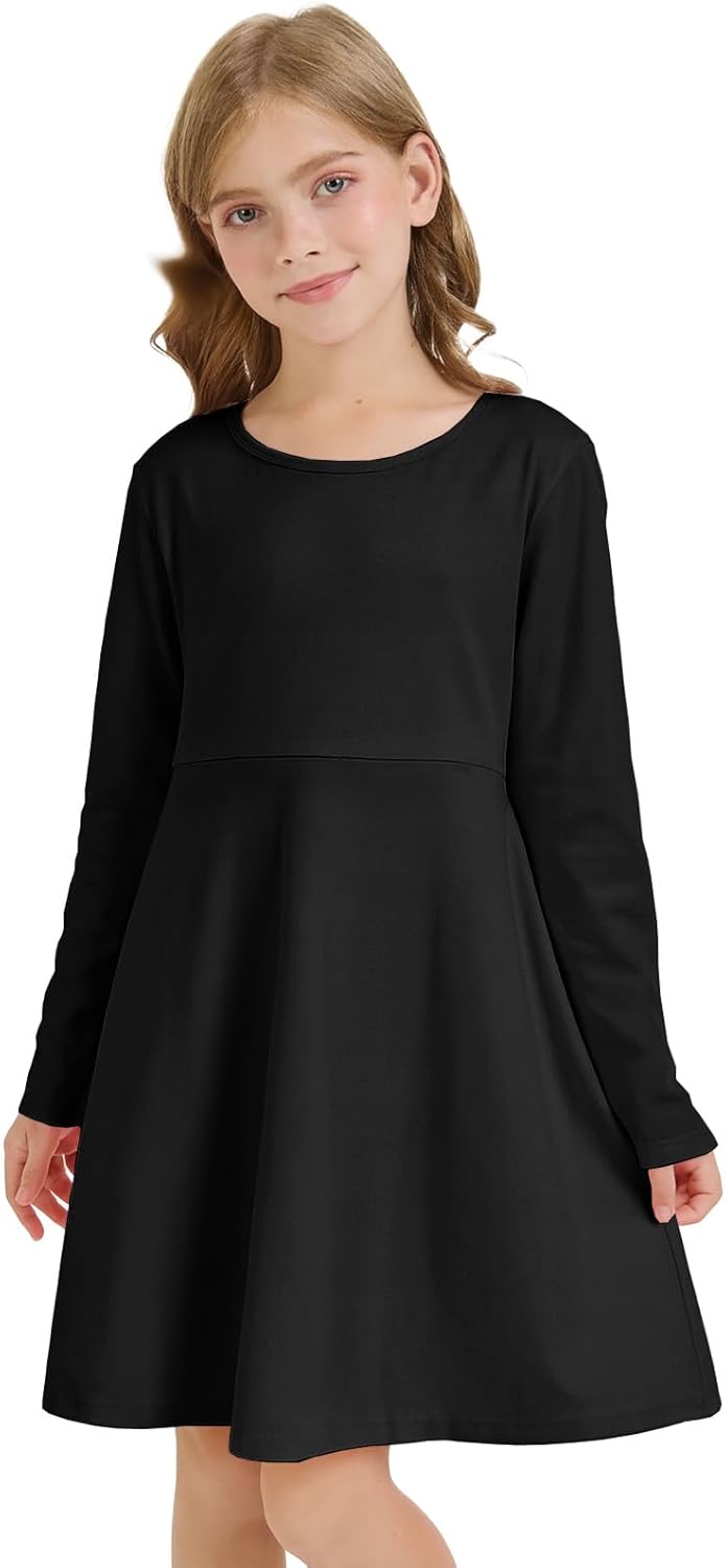 Girls Long Sleeve Skater Dress Kids Fall Crewneck Holiday Party Dresses with Pockets Black - Image 3