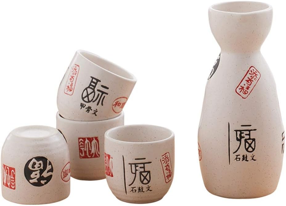 Sake Set of 5 Pieces Japanese Style Traditional Retro Porcelain Crafts Ideal for Japanese Sake (Color : Flower) (Happiness)