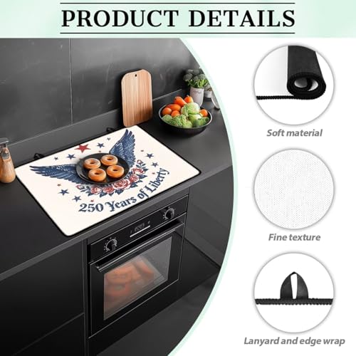 Image of Poceacles USA Theme Stove Top Cover Glass Stove Top Cover Heat Resistant Oil Resistant Cooktop Protector Stovetop Mats for Patriotic Kitchen Decor, Eagle Rose 250 Years Print Beige