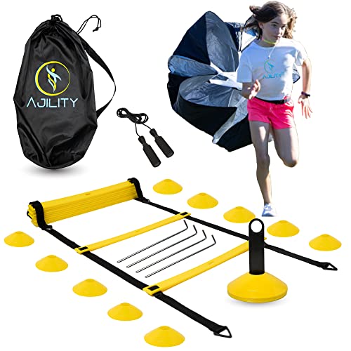 AJILITY Speed Training Kit | Agility Ladder, Low-High Resistance Speed Parachute, 10 Soccer Cones, Jump Rope & Carry Bag | Basketball, Football, Baseball, Softball & Soccer Training Equipment