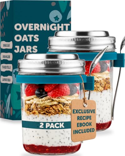 OATOLOGY Glass Overnight Oats Jar Container | Unique Leakproof Stainless Steel Lids Spoon Thick Glass | Breakfast Pots Mason Jars for Chia Pudding Granola Yoghurt Porridge Cereal On-the-Go | 2 pack