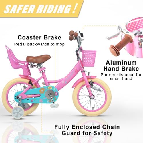 Image of Glerc Maggie Girls Bike, 12-20 Inch Kids Bike for 2-13 Years Old Children, Princess Style Kids Bicycle with Doll-Seat & Basket & Training Wheels, Multiple Colors