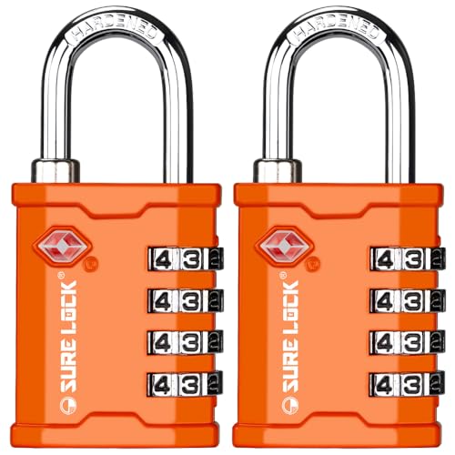 SURE LOCK TSA Approved 4 Digit Combination Lock, Heavy Duty Padlock with Red Dot Indicator for Gun Cases, Pelican Cases, Tool Boxes, Gym Lockers, Storage Units & Outdoor Gates (2, Orange) by SURE LOCK - Used condition - US$20.99