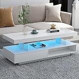 Modern LED Coffee Table with Storage, High Gloss Cocktail Center Table with Drawers, Display Shelves & LED Lights for Living Room, 51.2’’, White