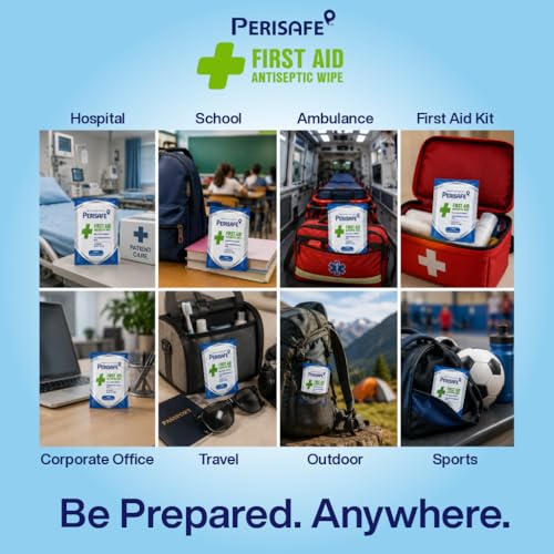 Image of PERISAFE First Aid Antiseptic Wipes | Individually wrapped | 3-in-1 on the go wipe | Kills 99.9% germs | 100% Biodegradable | Hygienic & ready to use | Cleans wounds & Prevents infection| 25 wipes Box