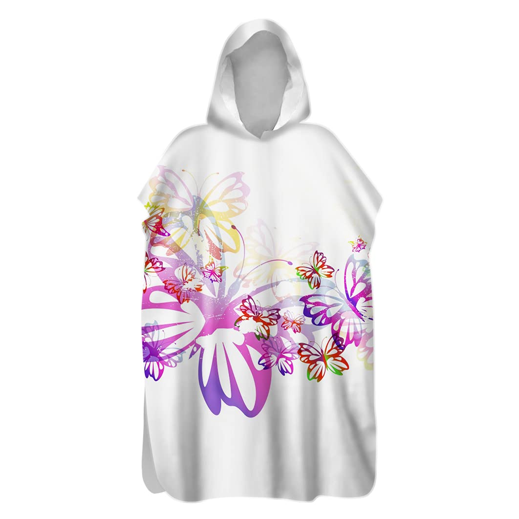 Hiseng Kids Bathrobe Quick Dry Lightweight Poncho with Hooded Microfibre Animal Pattern Towel Poncho Adult Beach Surfing Swimming Changing Robe (Butterfly,80x145cm)