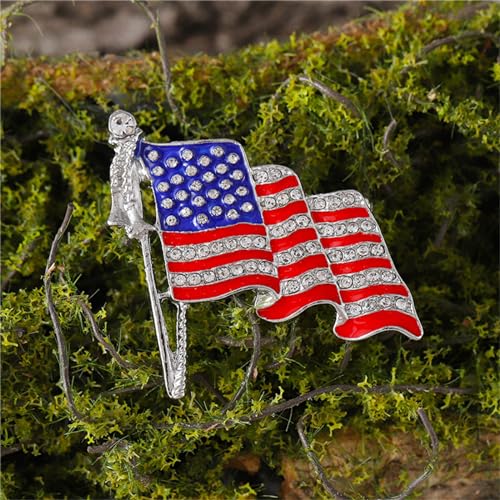 Image of Rhinestone Waving USA Flag Brooch Pin for Men Women Silver Tone Fashion Crystal 4th of July American Patriotic Medal Blue Red Enamel Brooches Dress Accessories Veterans Independence Memorial Day Jewelry