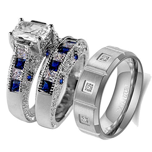3pc Two Rings His and Hers Couple Rings Bridal Sets His Hers Women White Gold Filled Heart Cz Man Stainless Steel Wedding Ring Band Set