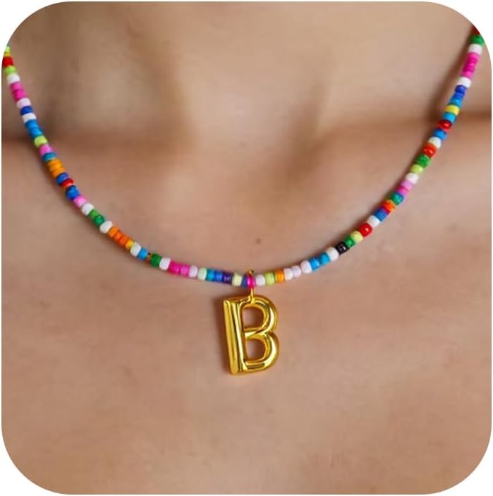 Initial Necklace for Women, Cute Colorful Beaded Necklaces, Gold Bubble Letter Choker Necklace, Summer Beach Boho Necklaces, Trendy Personalized Valentine's Day Jewelry Gifts
