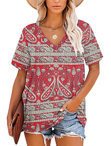 MOLERANI T-Shirt pour Femme été décontracté Tops Tuniques à Manches Courtes (Boho Fleuri Rouge,XL)